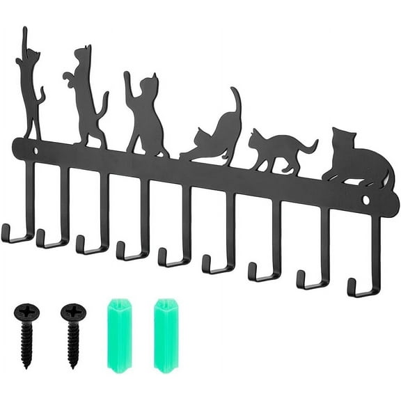Black Iron Wall Mounted Hooks Metal Key Holder Cat Pattern with 9 Hooks