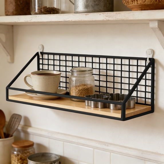 Black Iron Wall Mounted Shelf with Wood Board | Industrial Style Mesh ...