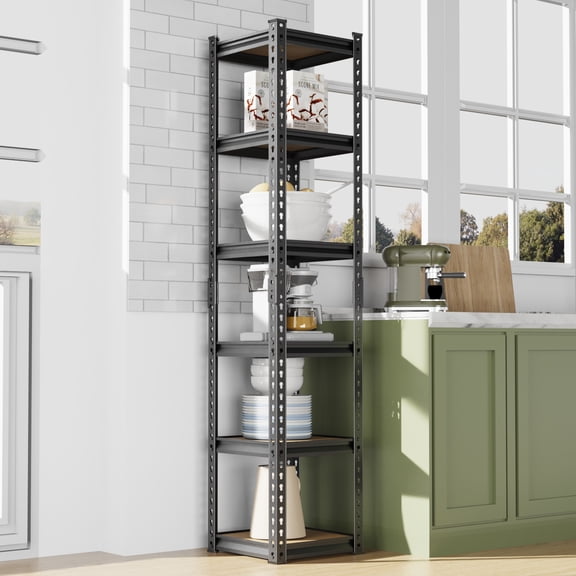 Black Iron & Wood Finish MDF 6-Tier Adjustable Display Shelf Unit - 40x40x184cm - Gourd Perforation for Customizable Spacing - Living Room, Bedroom, Office Storage