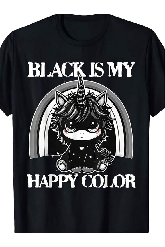 Black Is My Happy Color Goth Unicorn Graphic T-Shirt - Soft Retro Unisex Tee With Rainbow & Edgy Design