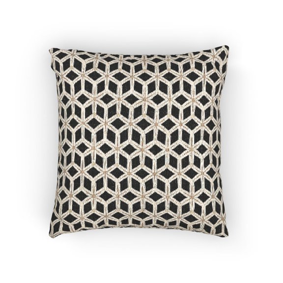 Black, Ivory and Beige Interlocking Cube Geometric Woven Pillow, Cotton-Polyester Shell