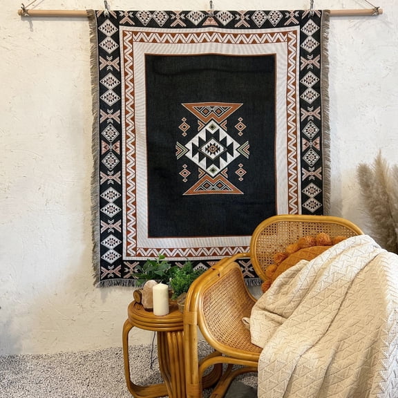Black, Ivory and Rust Geometric Diamond and Chevron Woven Throw Blanket, 100% Cotton, Border Band Style