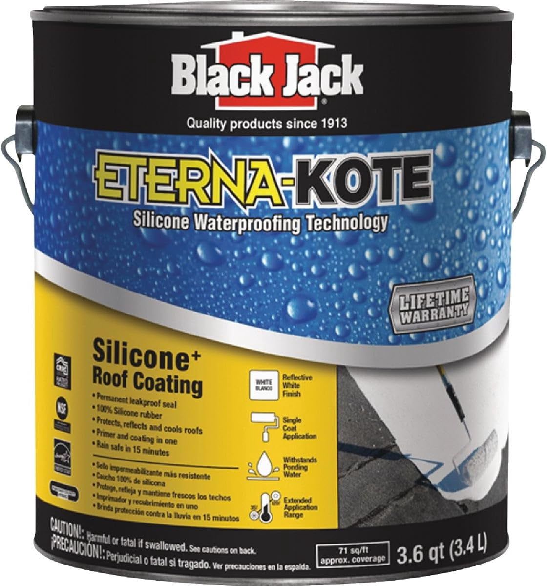 Black Jack Eterna-Kote 100% Silicone+ Roof Coating, White, 1 Gallon, Waterproof Sealant for Permanent Water Protection, Ideal for Flat Roofs, 100% Silicone Rubber Roof Coating