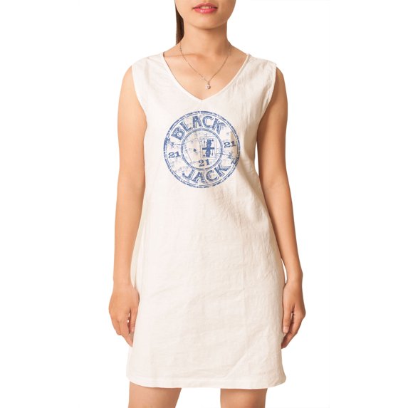 Black Jack Stamp Printed Vintage V-neck Linen Mini Shift Dress WDS_02 12