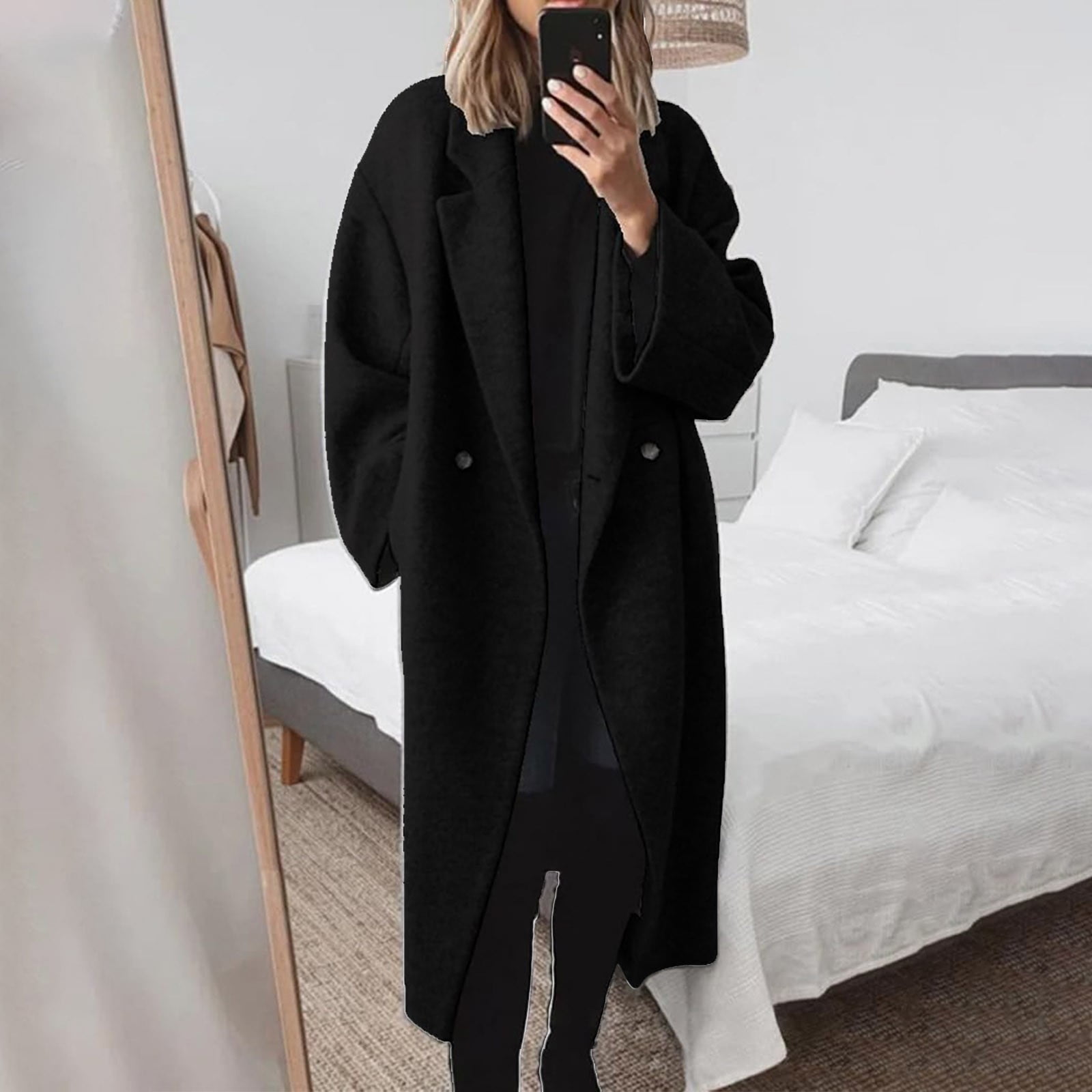 Black Jackets for Women's Winter Double Breasted Wool Coat Long Sleeve ...