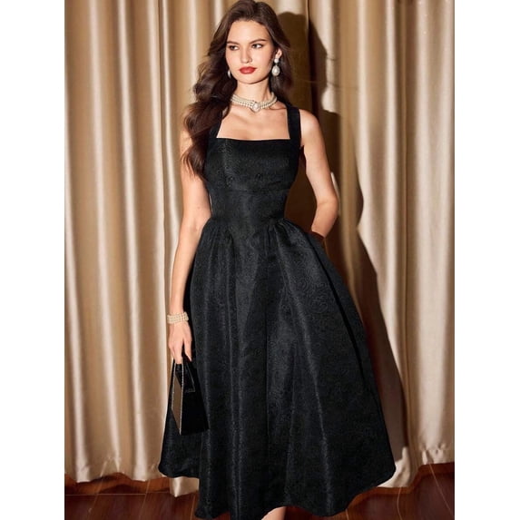 Black Jacquard A-Line Midi Dress With Square Neck And Pockets