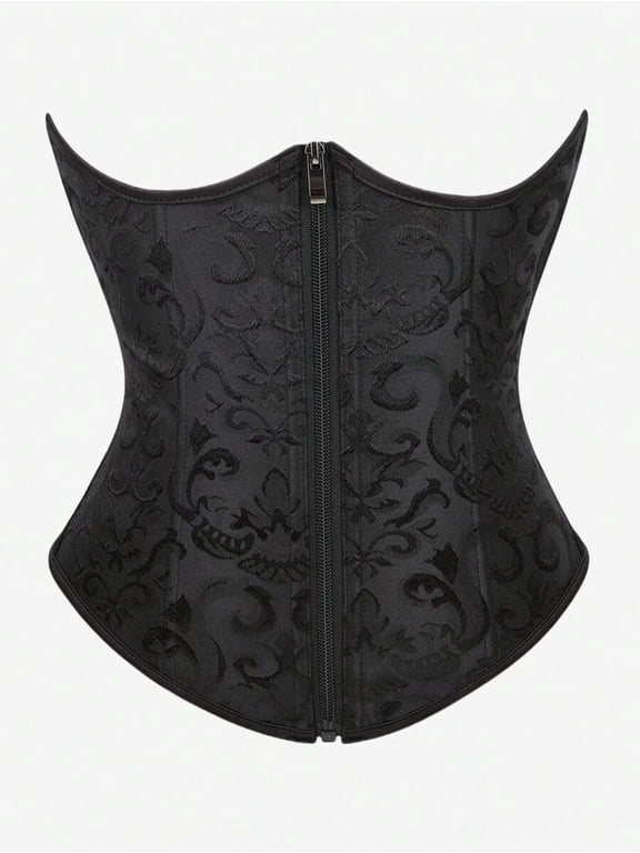 Black Jacquard Underbust Corset With Front Zipper Waist Cincher