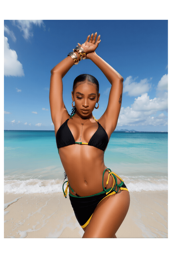 Black & Jamaica Flag Bikini Set - Halter Swimsuit for Women with Wrap Skirt; Rasta Colors Two Piece Bathing Suit; Vintage Retro Beachwear