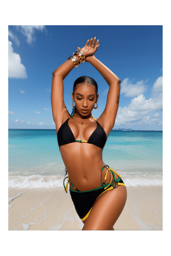 Black & Jamaica Flag Bikini Set - Halter Swimsuit for Women with Wrap Skirt; Two Piece Bathing Suit; Rasta Colors; Tropical Vacation Beachwear