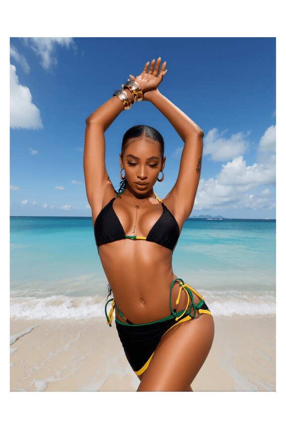 Black & Jamaica Flag Bikini Set - Halter Swimsuit with Wrap Skirt - Two Piece Bathing Suit for Women - Rasta Colors Tropical Beachwear