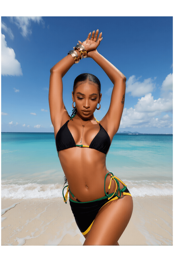 Black & Jamaica Flag Bikini Set - Halter Swimsuit with Wrap Skirt - Two Piece Bathing Suit for Women - Tropical Summer Beach Wear - Stylish Swimwear