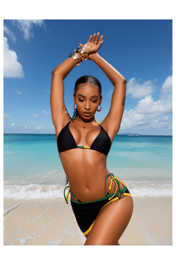 Black & Jamaica Flag Bikini Set - Halter Top Swimsuit for Women with Wrap Skirt; Two Piece Bathing Suit; Tropical Summer Beachwear; Rasta Colors