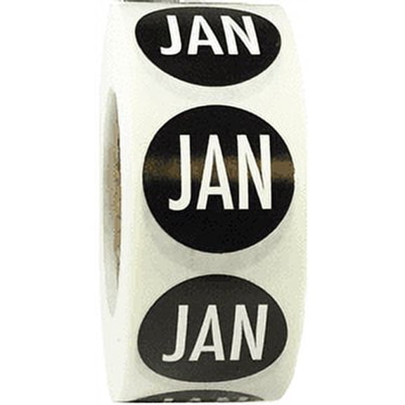 Black January Months of the Year Circle Stickers, 0.75 Inch Round, 500 Labels on a Roll