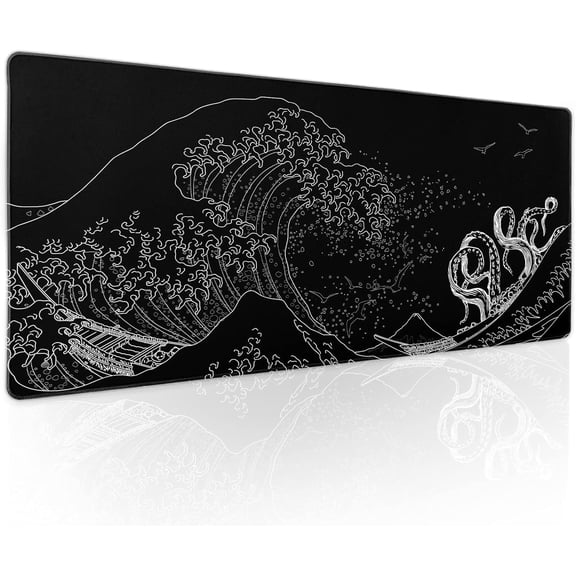Black Japanese Aesthetic Gaming Mouse Pad XL Anime Wave Octopus Tentacle Extended Big Large Desk Mat Non-Slip Rubber Base Stitched Edge Long Keyboard Mousepad for PC Computer Laptop,31.5×11.8 in
