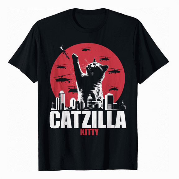 Black Japanese Catzilla Sunset T-Shirt - Classic Fit, Crew Neck