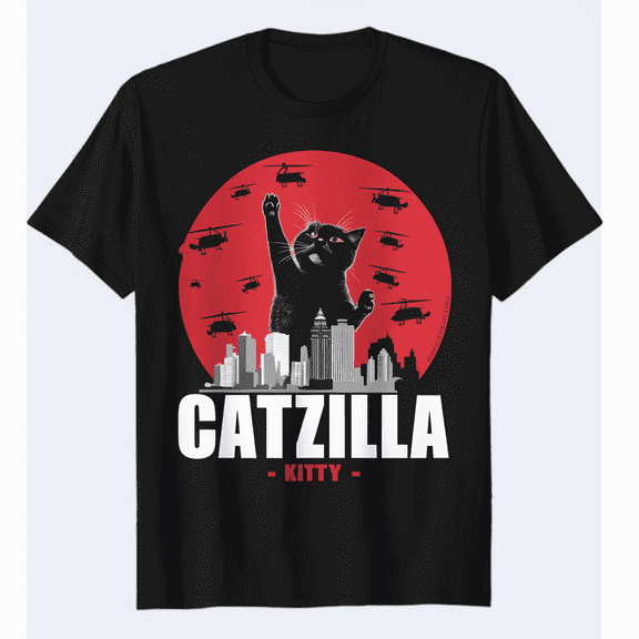 Black Japanese Catzilla Sunset T-Shirt - Classic Fit, Crew Neck