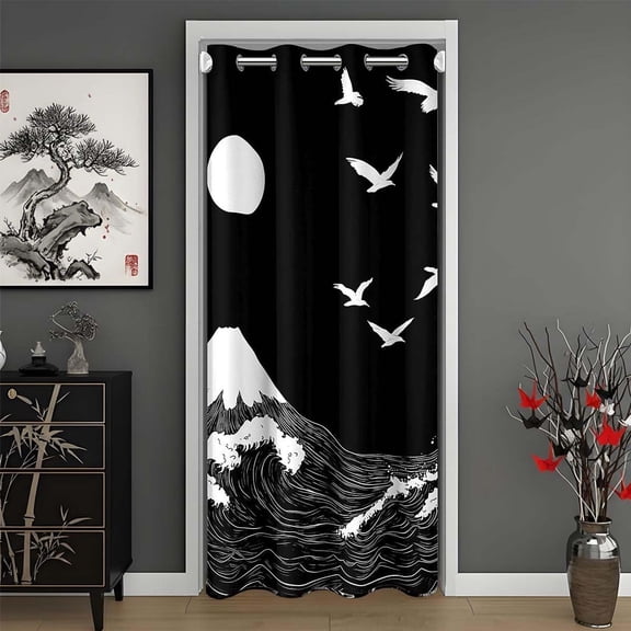 Black Japanese Style Door Curtain 34" x 80" Bedroom Living Room | Doorway Privacy Wave Closet Cover for Mountain Room Divider Curtain Ocean Wave Darkening Blackout Home Decor
