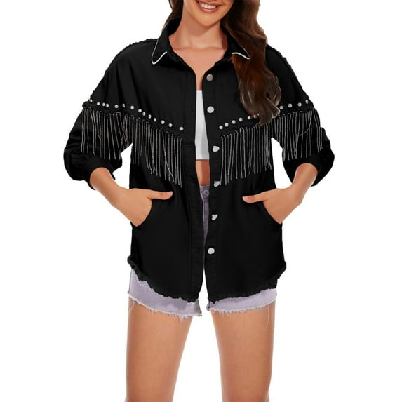Black Jean Jacket Women Women's Sparkly Rhinestone Fringe Shacket Denim Glitter Tassel Shirt Jacket Western Jean Jackets S-8 Black M