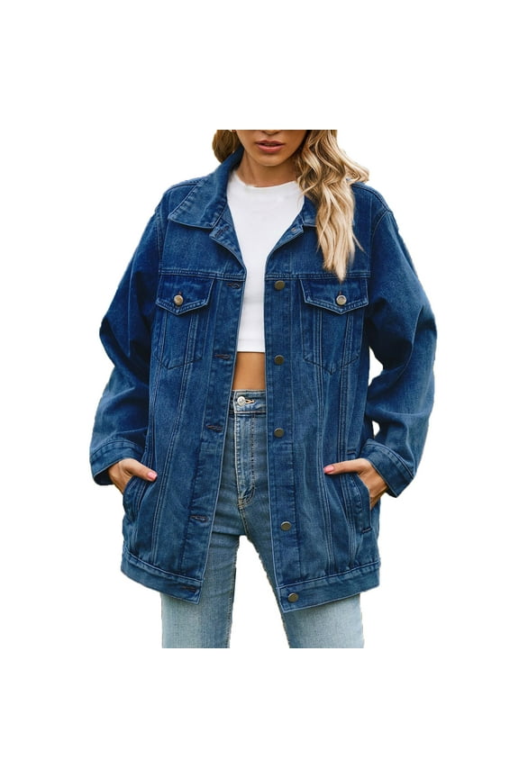 Black Jean Jacket Women Womens Plus Denim Stretch Denim Jacket, Women's Oversized Mid Long Denim Jacket Jean Biker Coat S-91 Dark Blue XXL