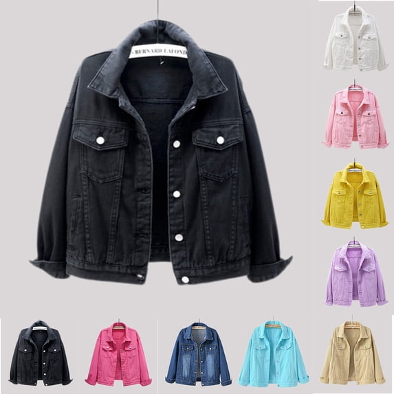 Black Jean Jacket Women Womens Plus Size Cropped Denim Jackets Button Solid Pocket Denim Coat Denim Jackets Women Trendy Black XL