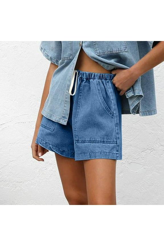 Black Jean Shorts Denim Shorts Womens Elastic Waist Drawstring Loose Fitting with Patch Pockets Pull on Jean Shorts Light Blue L