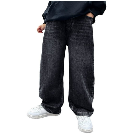 Black Jeans Baggy Boys Uniform Pants Baggy Jeans Boys for Kids Teen Casual Straight Wide Leg Cargo Jeans Y2K Boys Pants Elastic Waist Denim Pants with Pockets