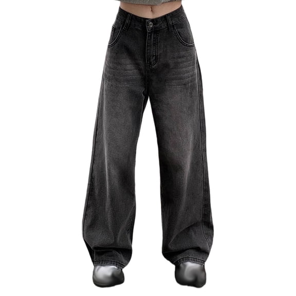 Black Jeans Womens High Waisted Baggy Wide Leg Jean Pants with Pockets Loose Boyfriends Denim Trousers Streetwear Black S