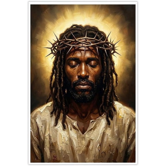 Black Jesus Canvas Wall Art Religious Christian Poster African American Christ Crown of Thorns Painting Print Spiritual Modern Wall Decor Living Room Bedroom Home