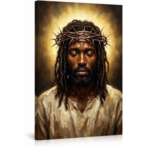 Black Jesus Canvas Wall Art Religious Christian Poster African American Christ Crown of Thorns Painting Print Spiritual Modern Wall Decor Living Room Bedroom Home