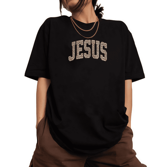 Black Jesus Leopard Print Varsity T-Shirt Christian Faith Religious Belief Inspirational Message Casual Wear Tops S-5XL