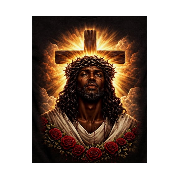 Black Jesus With Crown Of Thorns Poster, Radiant Cross And Roses