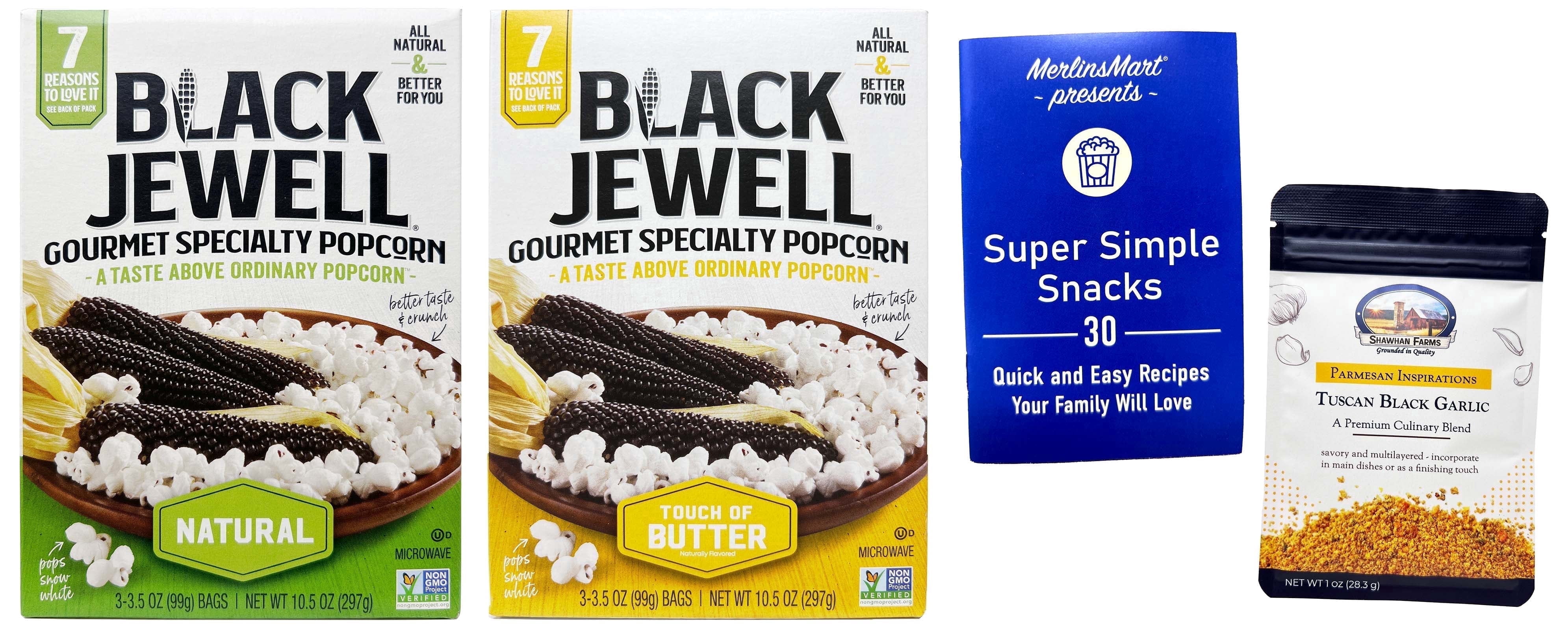 Black Jewell Microwave Popcorn Variety Pack – Natural & Touch of Butter – 2 Pack (10.5 oz Each) | Shawhan Farms Parmesan + MerlinsMart Zine