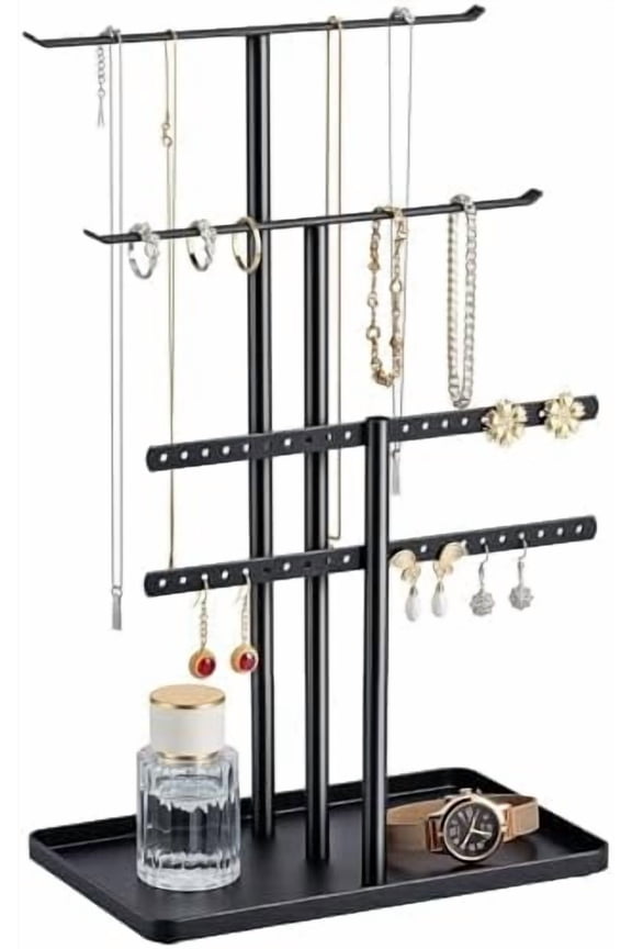 Black Jewelry Stand Holder Organizer: 14.5" Sturdy Hanger for 80 Pcs Jewelry, Jewlery Tower for Display Necklace, Earring, Bracelet, Watch