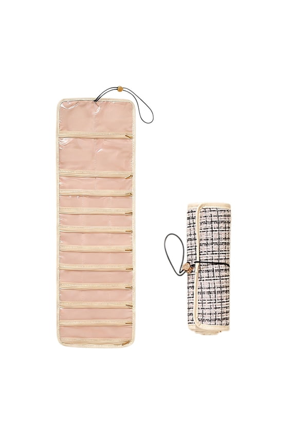 Black Jewelry Storage Bag Large Capacity Roll-Up Hanging Organizer With Zippered Pockets Earring Slots Travel Jewelry Pouch For Earrings Necklaces Bracelets Black Plaid