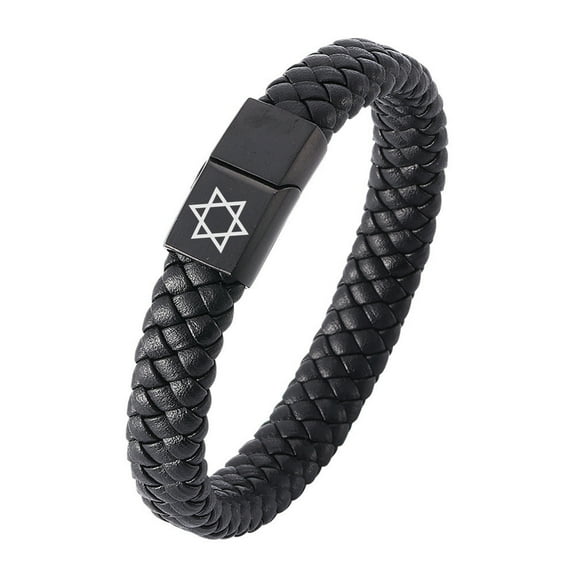 Black Jewish Religious Star of David Bracelet - Judaism Magen David Star Faith Symbol Leather Cuff Bangle with Magnetic Clasp, Male Men's Biker Israel Jewelry, 7.28 Inch