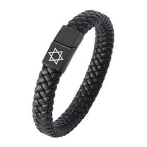 Black Jewish Religious Star of David Bracelet - Judaism Magen David Star Faith Symbol Leather Cuff Bangle with Magnetic Clasp, Male Men's Biker Israel Jewelry, 7.28 Inch