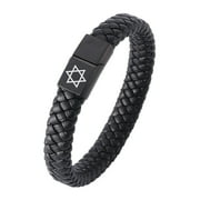 DAILYDOLLARS Black Jewish Religious Star of David Bracelet - Judaism Magen David Star Faith Symbol Leather Cuff Bangle with Magnetic Clasp, Male Men's Biker Israel Jewelry, 7.28 Inch