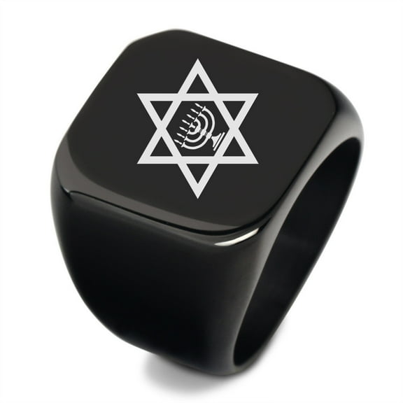 Black Jewish Star of David Menorah Signet Ring for Men Stainless Steel Mogen David Star Faith Lamp Hebrew Israel Faith Symbol Thumb Ring Religious Messianic Jewelry, Size 7