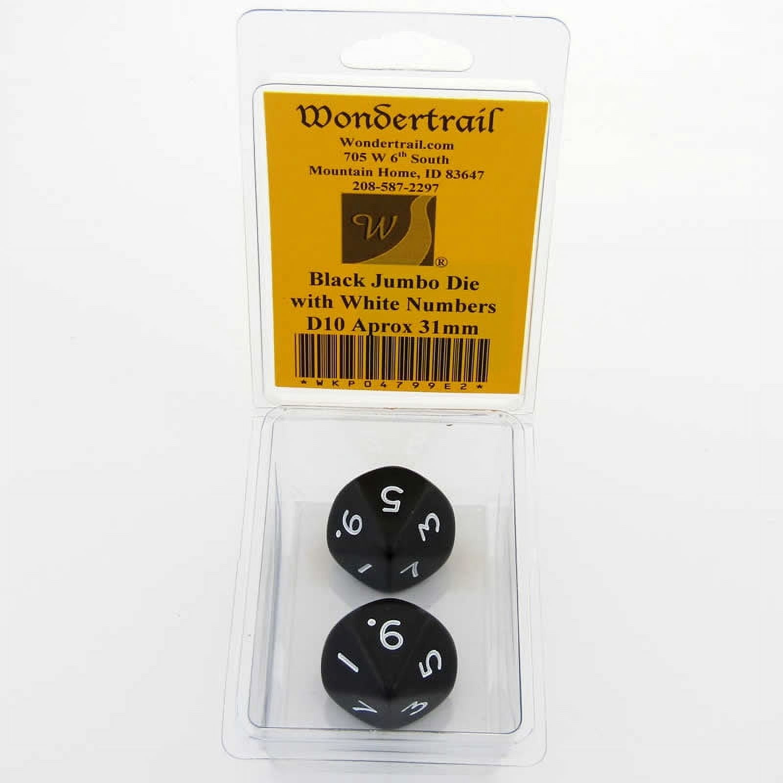 Black Jumbo Dice with White Numbers D10 31mm (1.25in) Pack of 2 Wondertrail