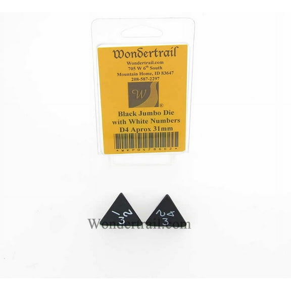 Black Jumbo Dice with White Numbers D4 31mm Pack of 2 Wondertrail