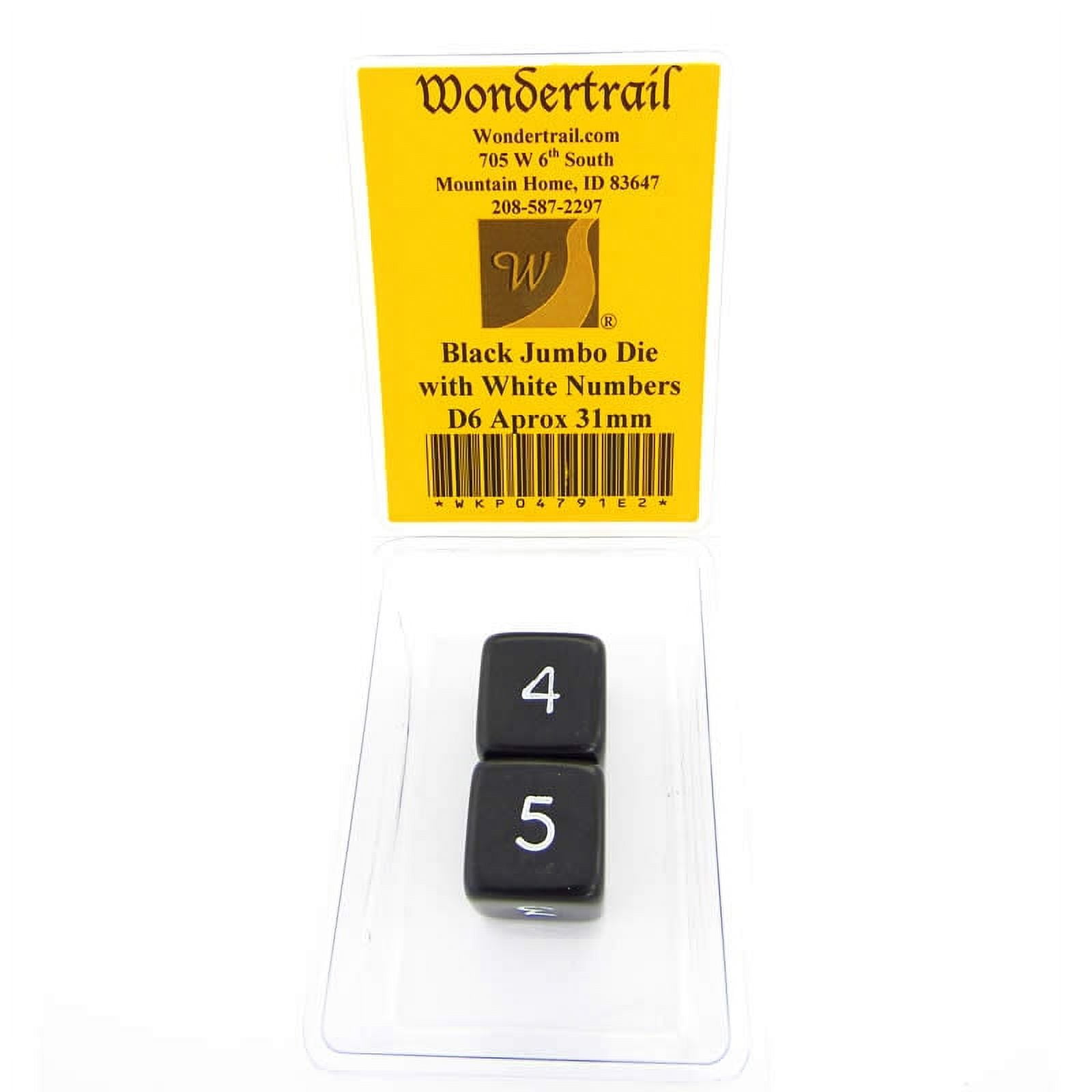 Black Jumbo Dice with White Numbers D6 31mm Pack of 2 Wondertrail