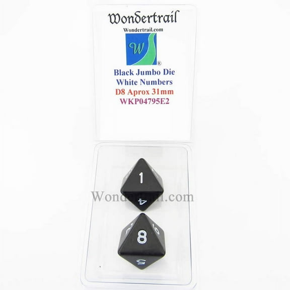 Black Jumbo Dice with White Numbers D8 31mm (1.25in) Pack of 2 Wondertrail