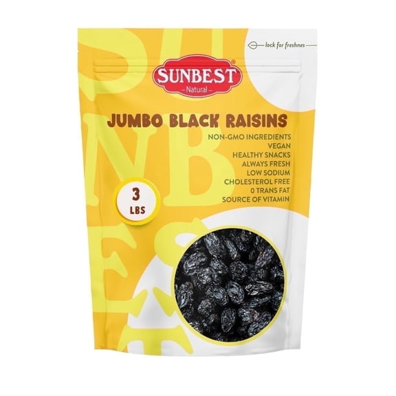 Jumbo Black Raisins – 3 Pound Bulk Bag by Sunbest Natural – Plump, Juicy & Seedless Fruit