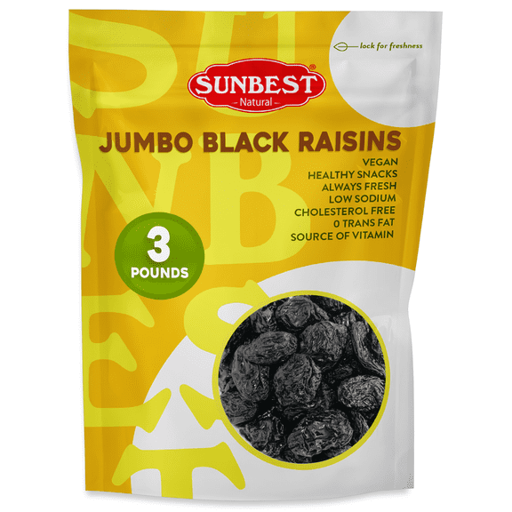 Jumbo Black Raisins  3 Pound Bulk Bag by Sunbest Natural  Plump, Juicy & Seedless Fruit