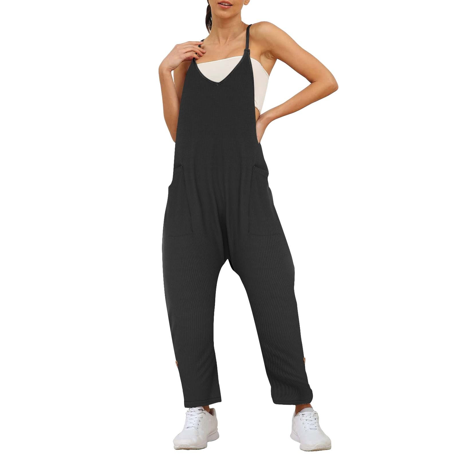Black Jumpsuits Womens Fashion Casual Rompers Sleeveless Loose Spaghetti Strap Baggy Overalls