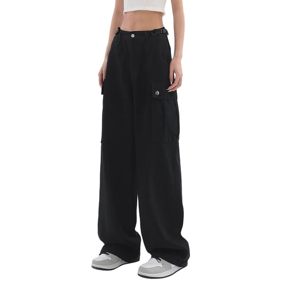 Black Juniors Pants Fashion Streetwear Pockets Adjustable High Waist Straight Vintage Baggy Pants for Women 2023 Size L