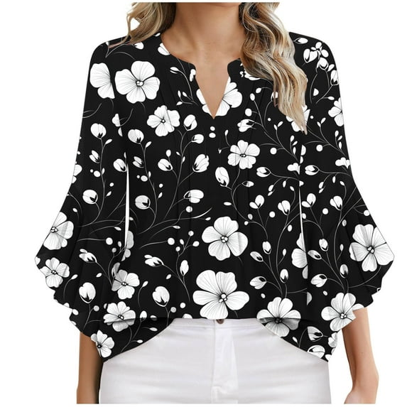 Black Juniors Ruffle 3/4 Length Bell Sleeve T Shirts Floral Print Loose Fit Tee Tops for Women V Neck Spandex Casual Pleated Summer Fall Shirts 2025 Clothes Trendy S