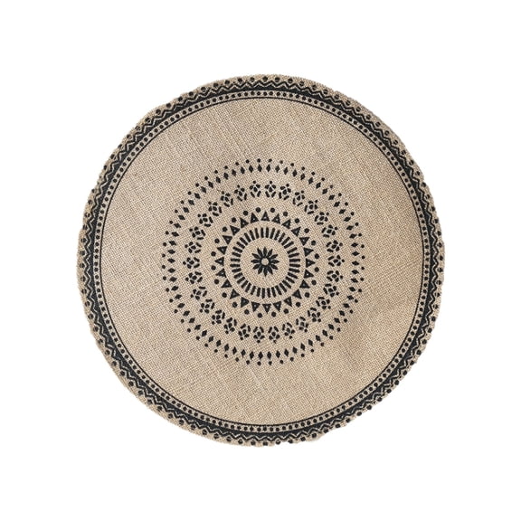 Black Jute Placemat With Geometric Pattern, Natural Fiber Material, Anti-Scalding Round Mat For Dining Table, Bowl Placement And Home Decor