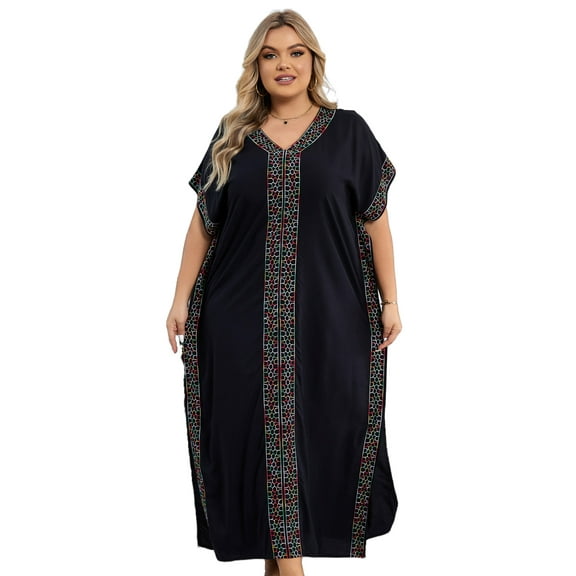 Black Kaftan Embroidered Dress Plus Size Short Sleeve Beachwear Nomadic Summer Outwear mumu Loungewear Comfortable Nightgown Lightweight Vacation Clothing