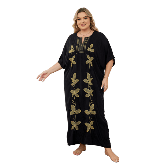 Black Kaftan Embroidered Dress Plus Size Short Sleeve Beachwear Nomadic Summer Outwear mumu Loungewear Comfortable Nightgown Lightweight Vacation Clothing